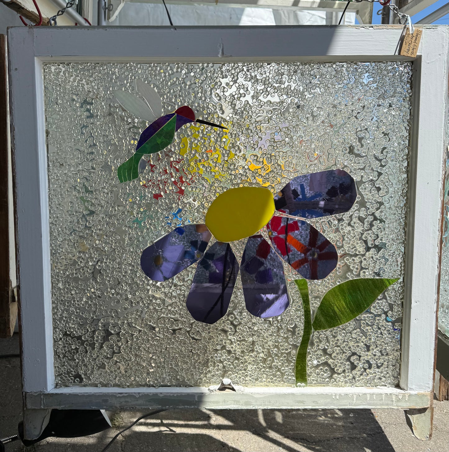 Large Handcrafted Hummingbird and Poppy Stained Glass Window