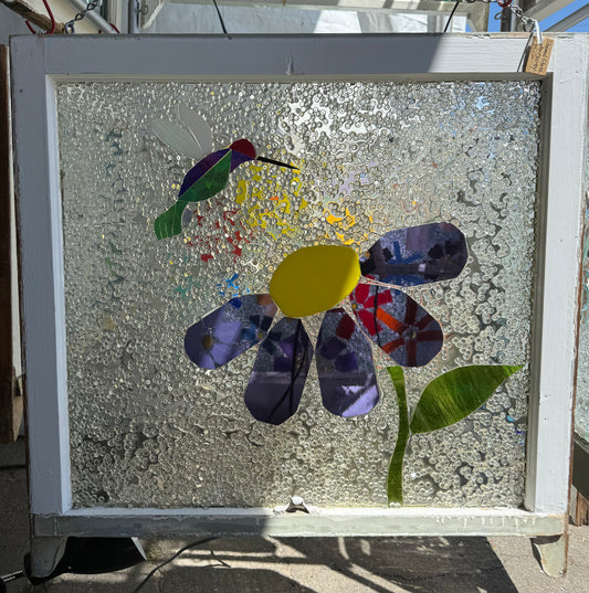 Large Handcrafted Hummingbird and Poppy Stained Glass Window